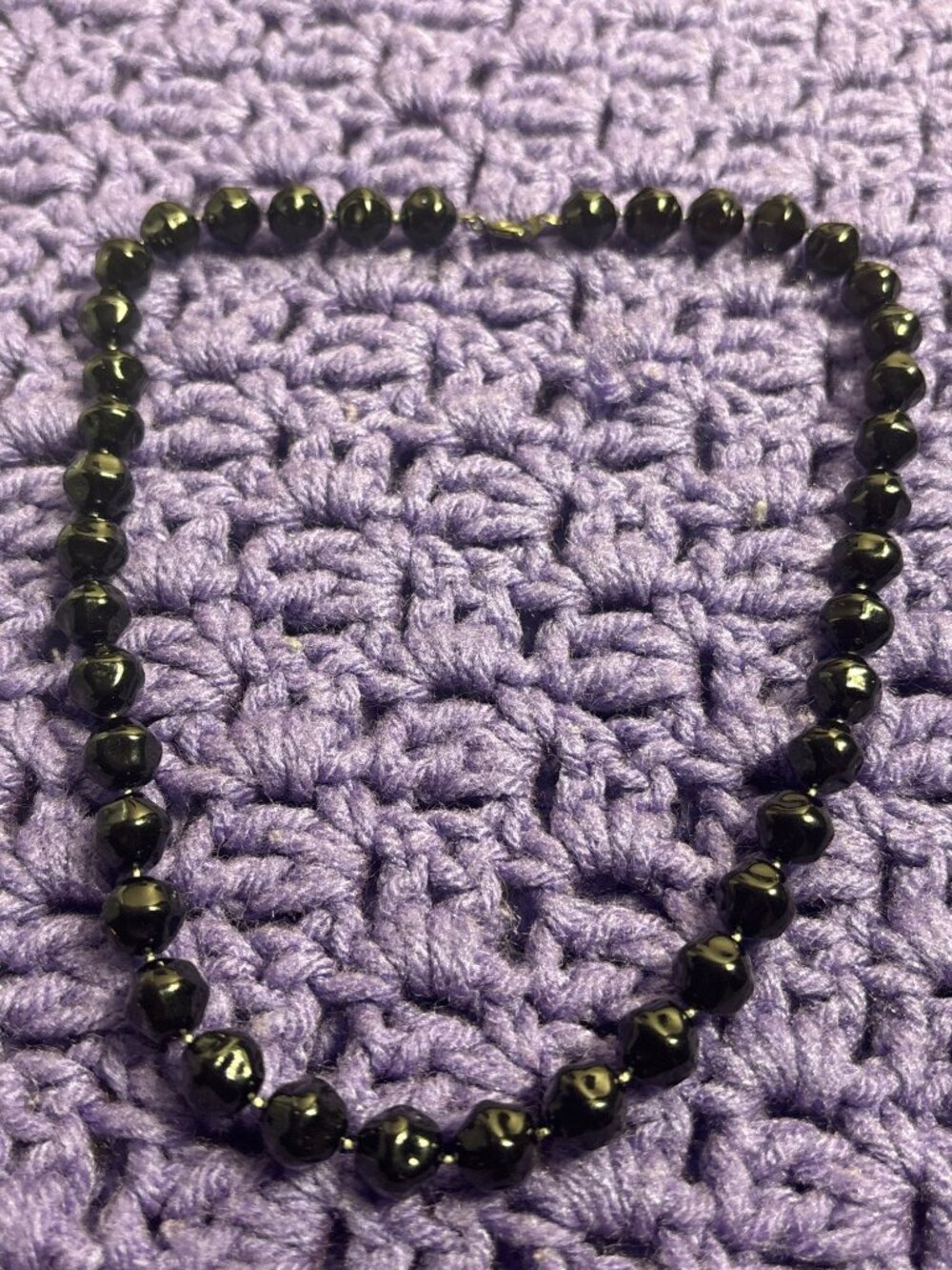 Vintage Abstract Black Plastic Beaded Necklace Silvertone Spring Ring Clasp